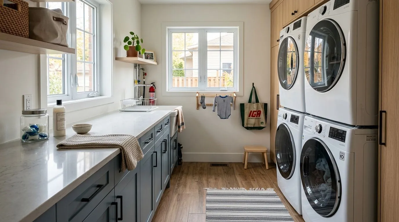 Salle de lavage moderne avec laveuse et sécheuse superposées