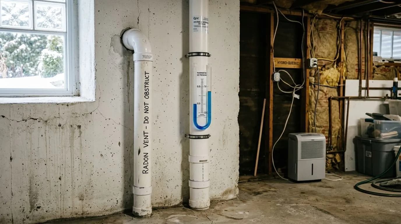 Tuyau de dépressurisation du radon avec manomètre en U sur mur de béton