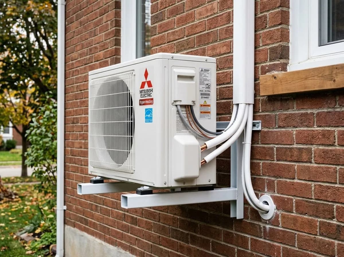 Thermopompe extérieure installée sur le mur d’une résidence québécoise